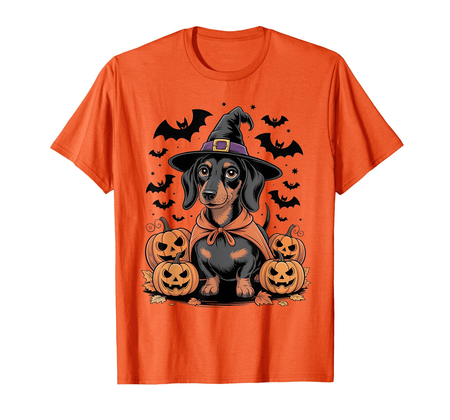 Halloween Dachshund Dog in Witch Hat with Pumpkins and Bats T-Shirt