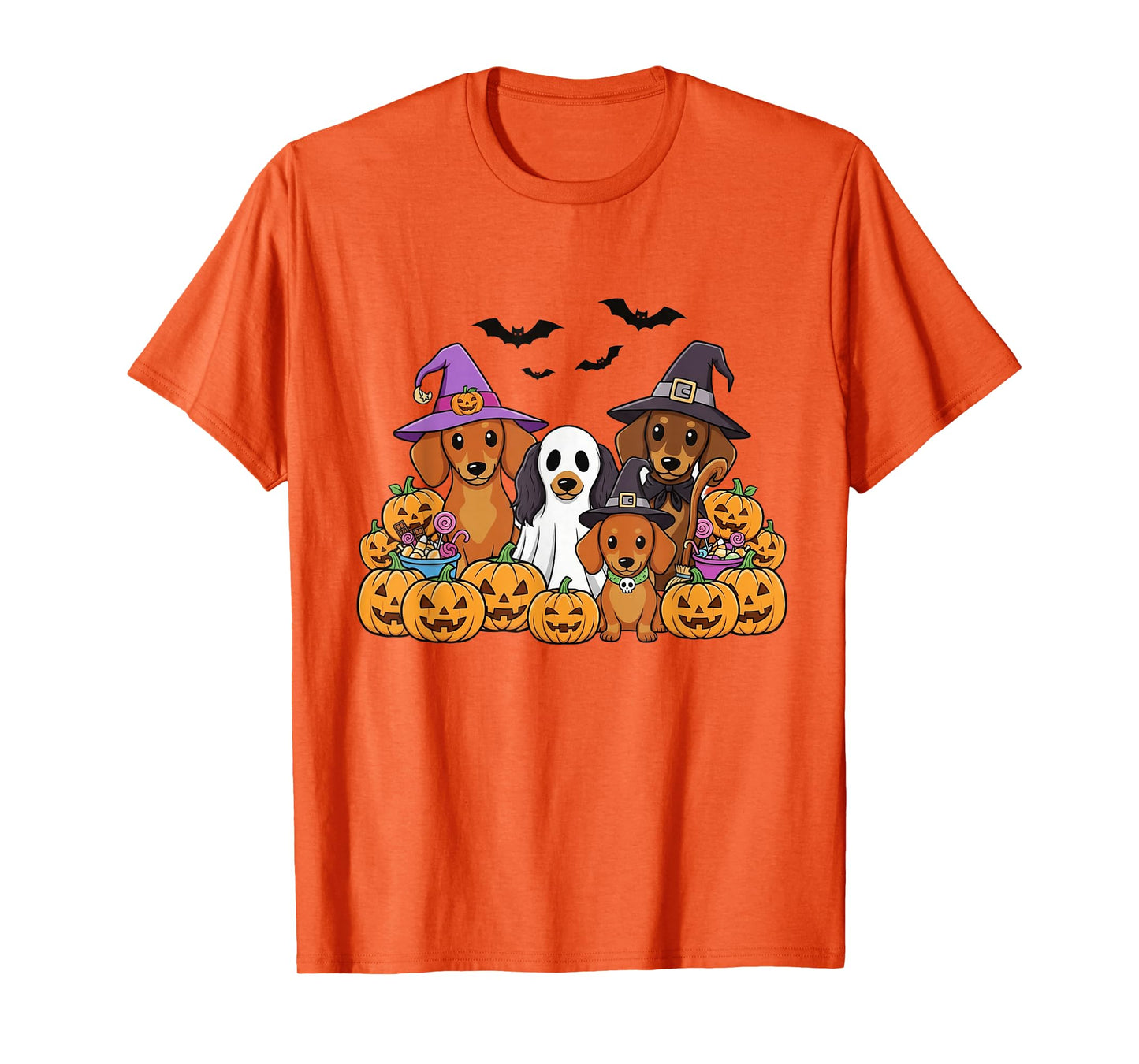 Funny Dachshund Halloween Cute Sausage Dog Ghost & Pumpkin T-Shirt