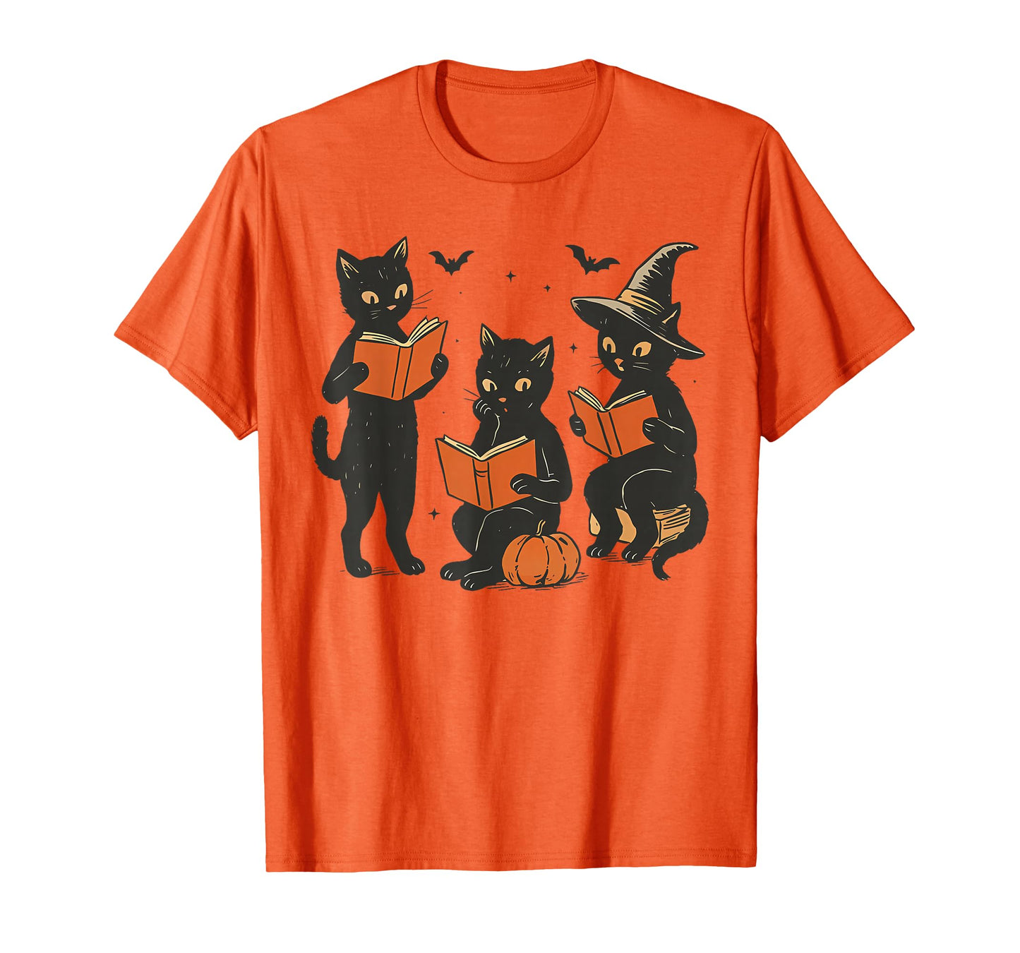 Black Cat Reading Book Lovers Pumpkin Halloween Boys Girls T-Shirt