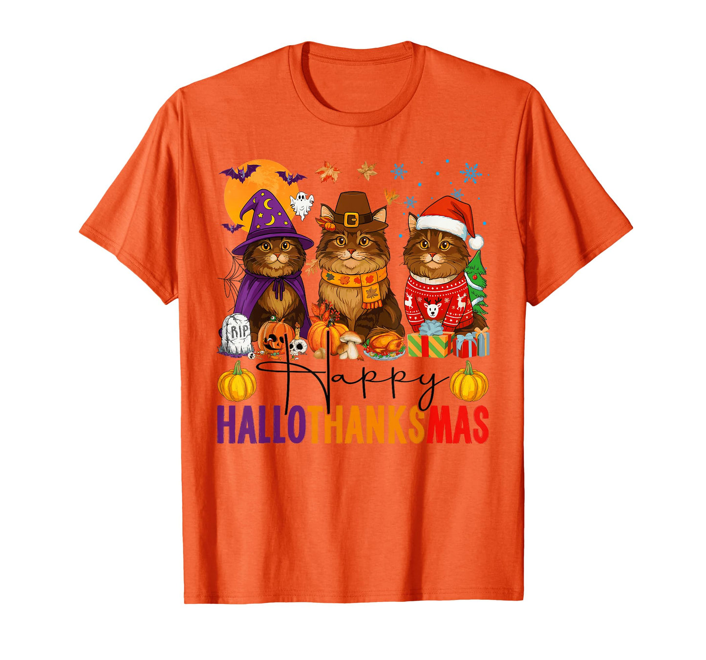 Happy Hallothanksmas Maine Coon Cats Halloween Thanksgiving T-Shirt