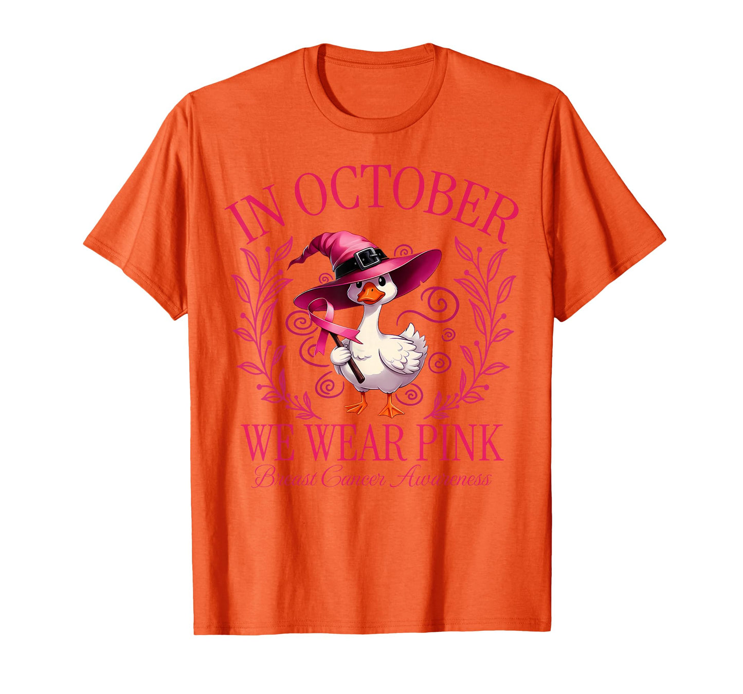 in October We Wear Pink Witch Goose Breast Cancer Awareness T-Shirt