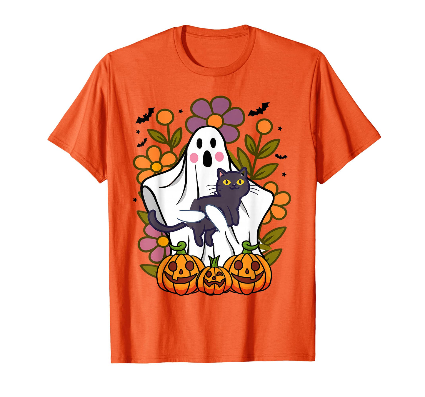 Funny Floral Ghost with Cat Vintage Pumpkin Fall Halloween T-Shirt