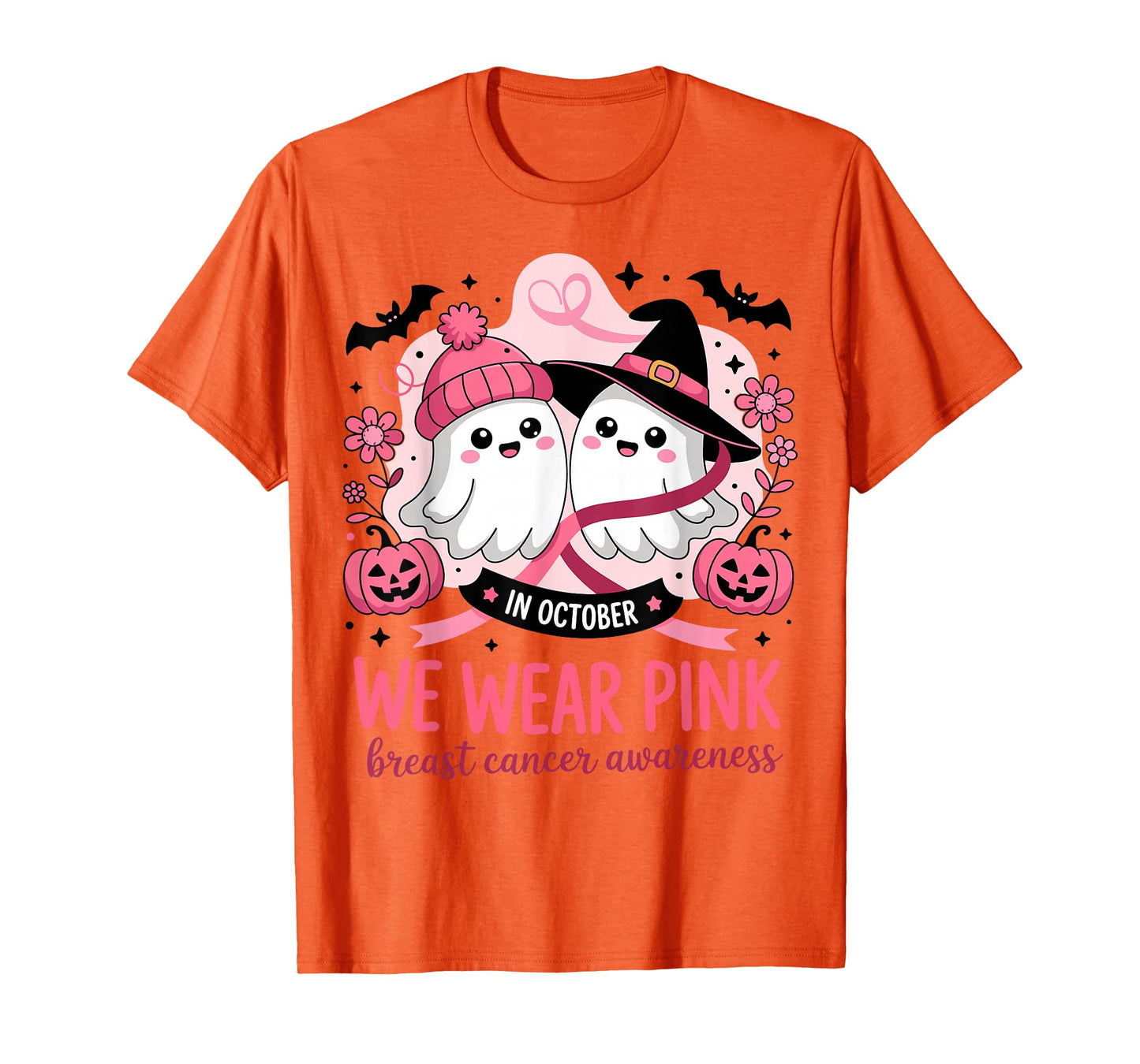 in October We Wear Pink Ghost Witch Breast Cancer Awareness T-Shirt