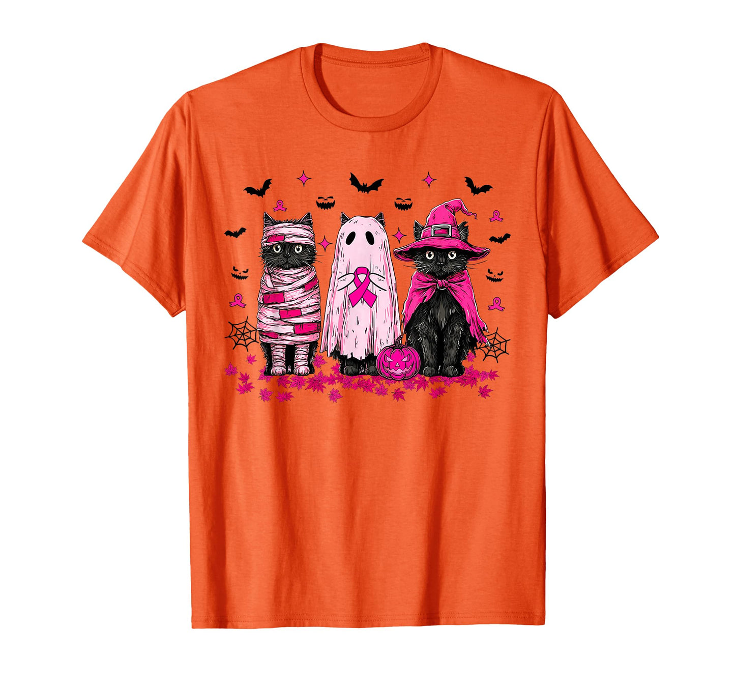 Ghost and Witch Black Cat Retro Halloween Breast Cancer T-Shirt
