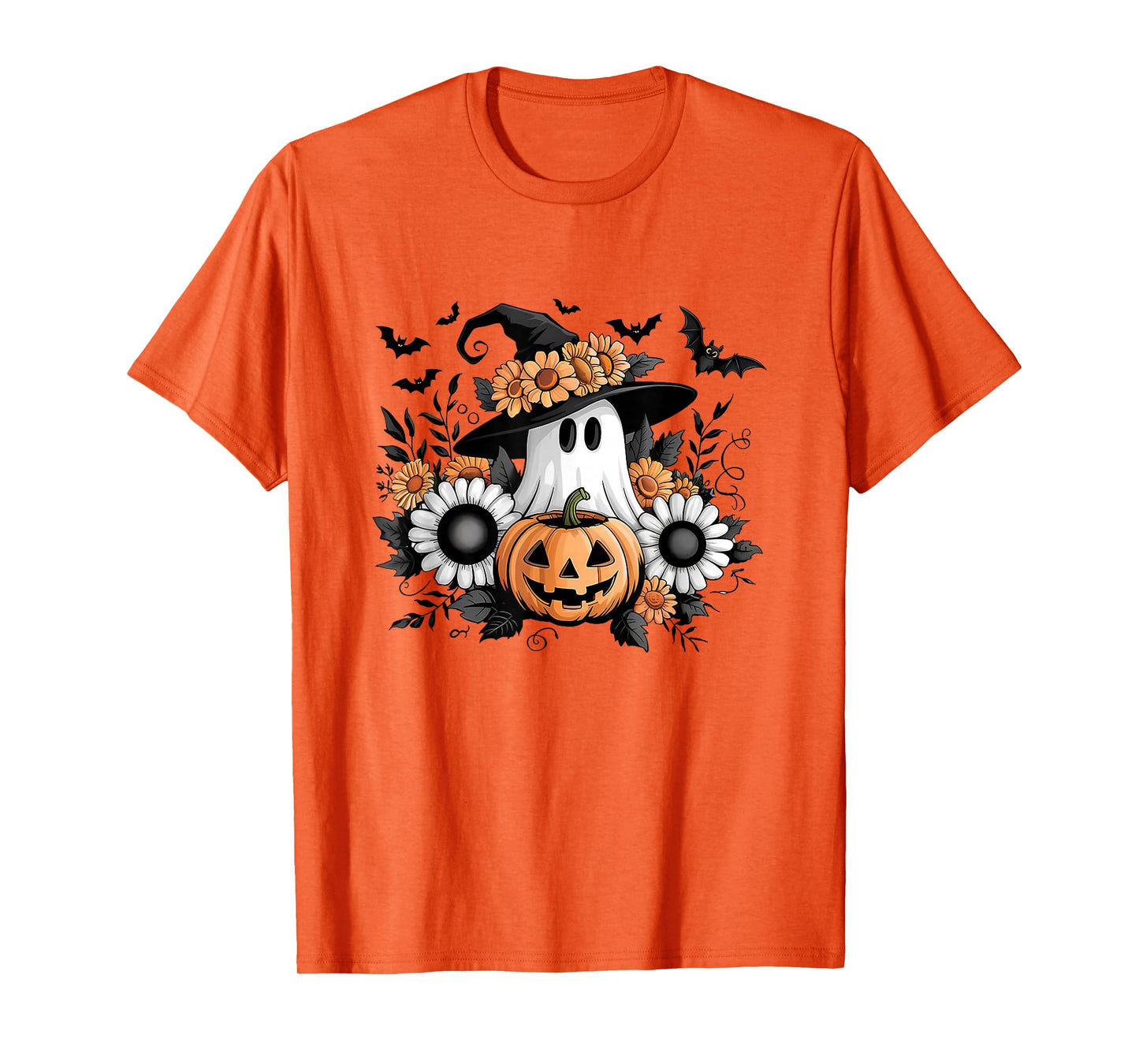 Vintage Floral Ghost Halloween Pumpkin Ghost Witch Womens T-Shirt