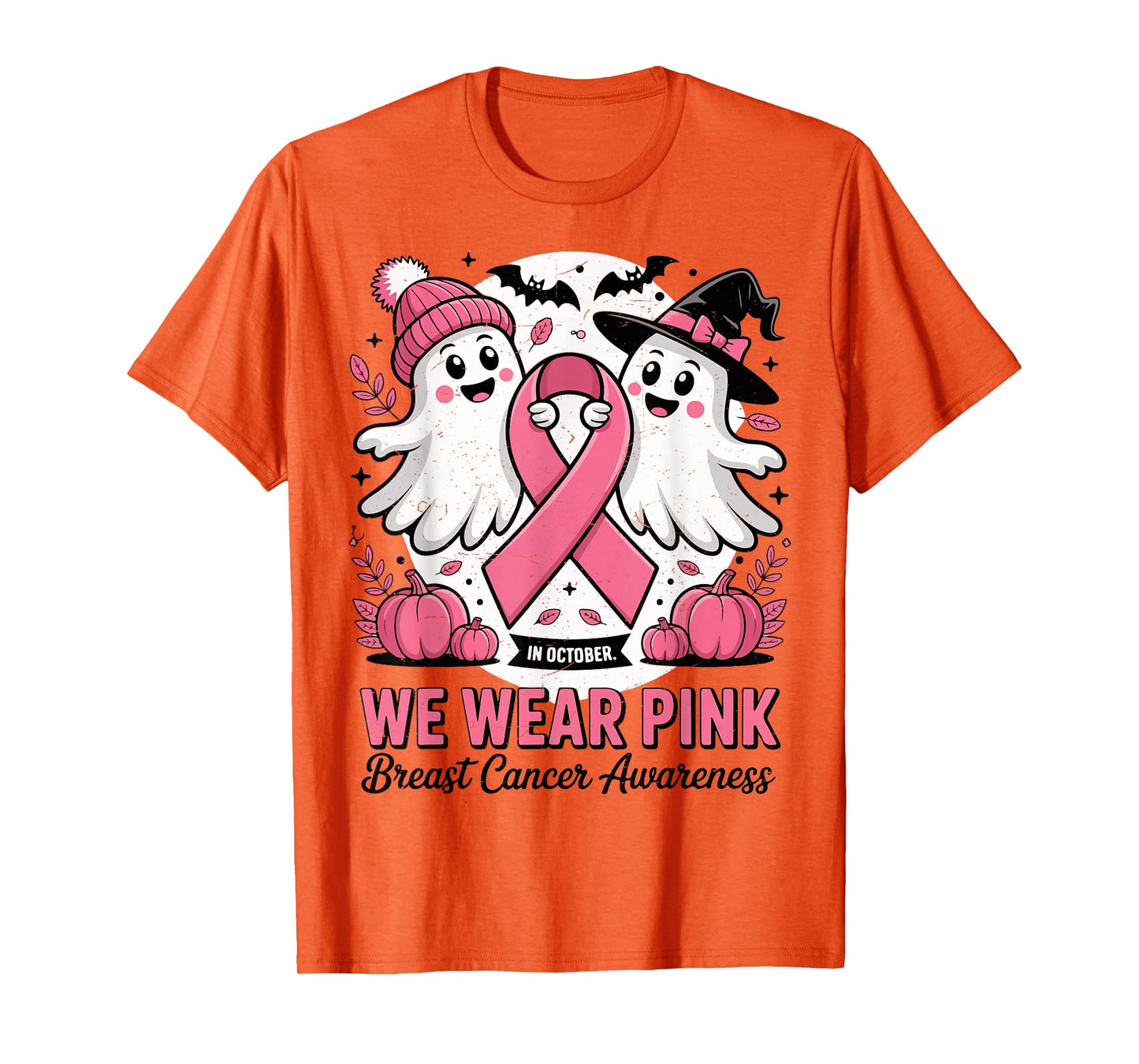 in October We Wear Pink Ghost Witch Breast Cancer Awareness T-Shirt
