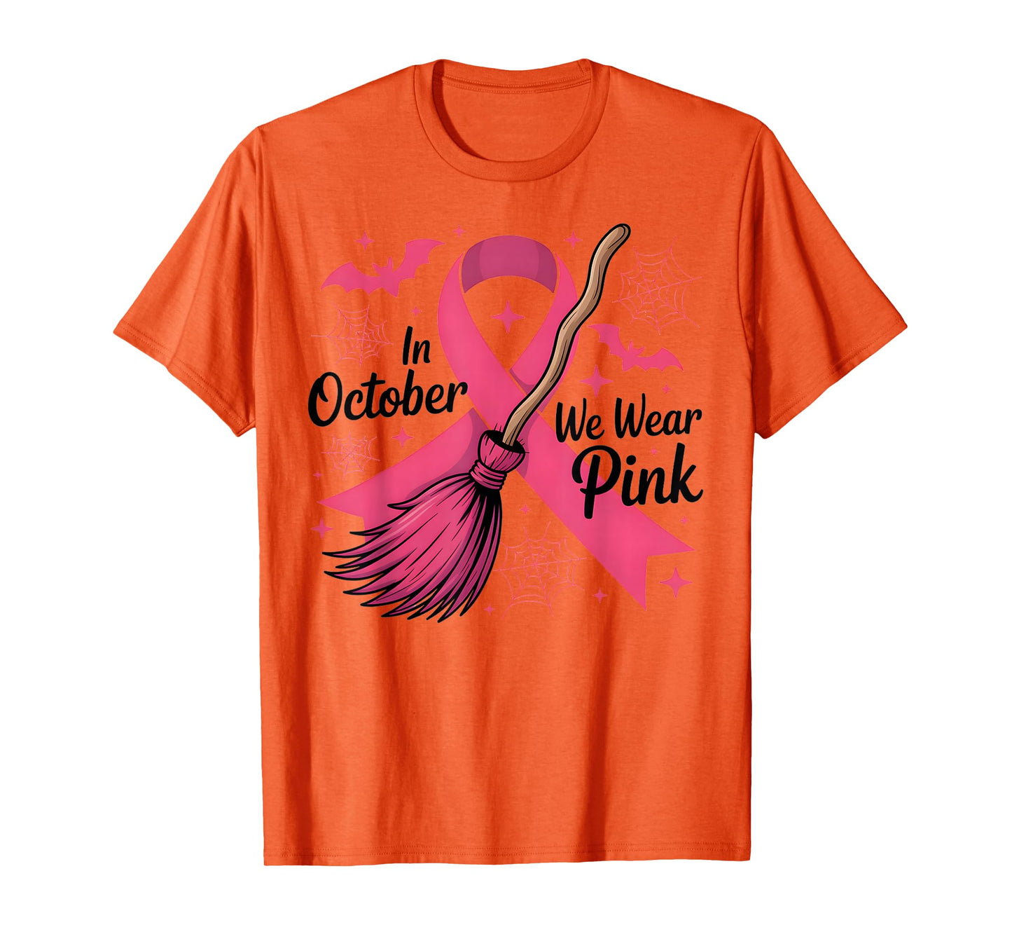 in October We Wear Pink Witch Broom Breast Cancer Halloween T-Shirt
