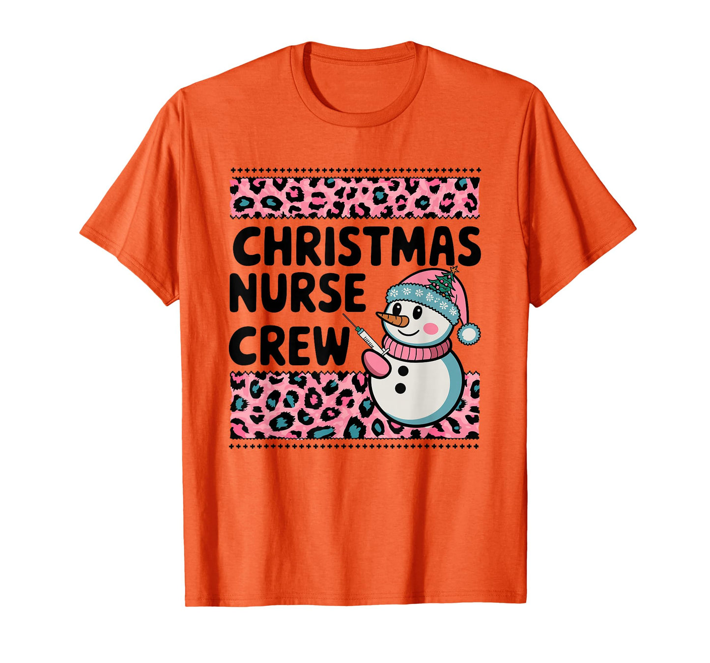 Nurse Christmas Crew Snowman Pink Leopard Print T-Shirt