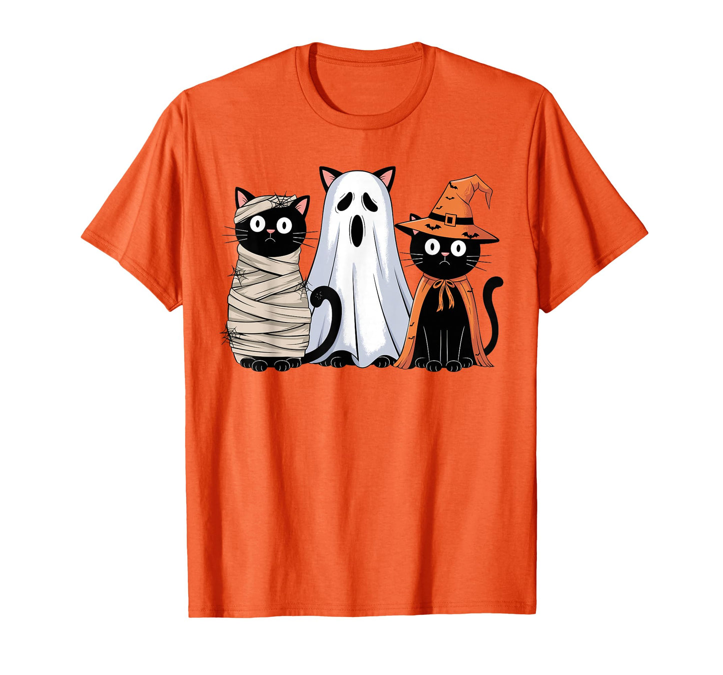 Retro Spooky Halloween Three Black Cats Mummy Ghost Witch T-Shirt