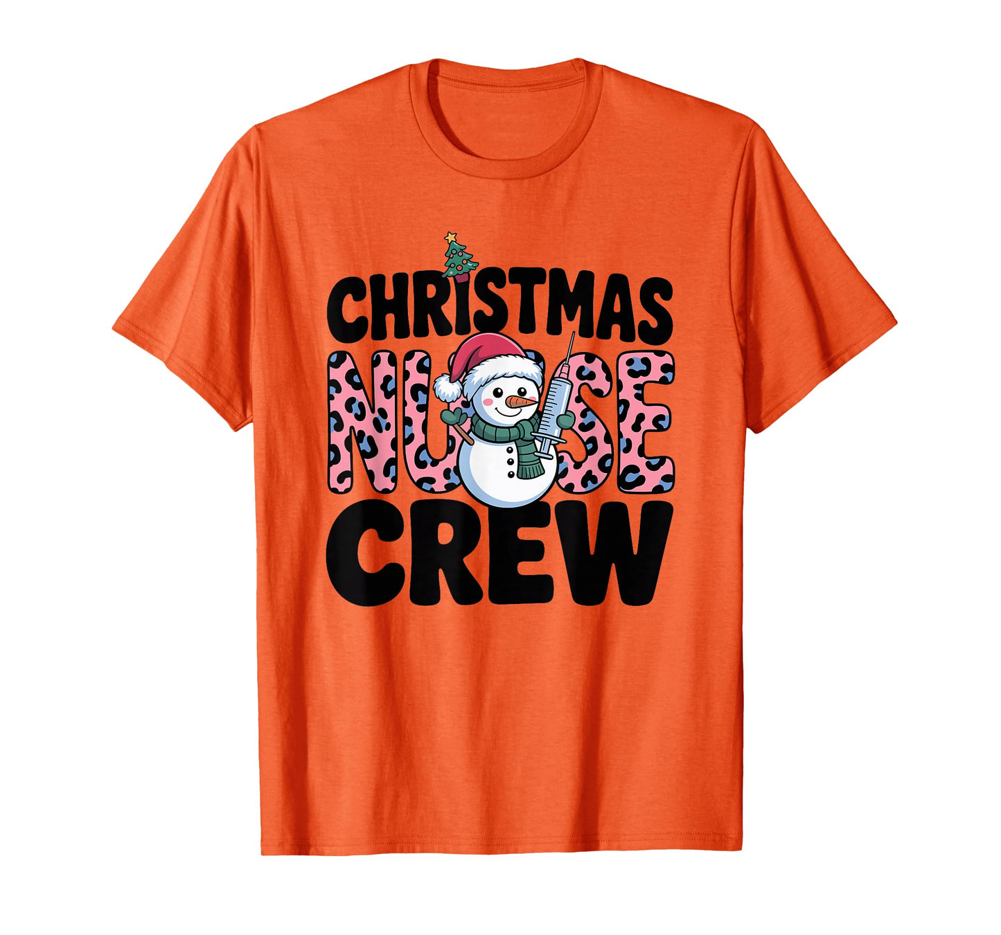 Nurse Christmas Crew Snowman Pink Leopard Print T-Shirt