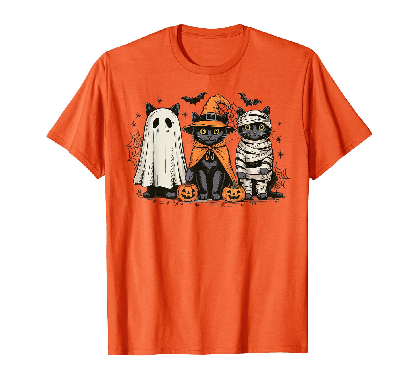 Retro Three Black Cats Witch Pumpkin Scary Halloween Costume T-Shirt