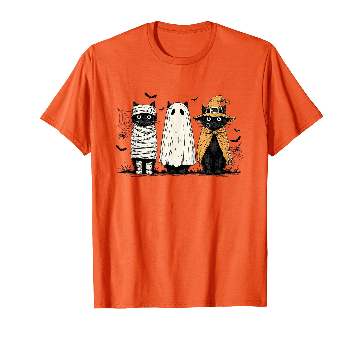 Cute Retro Three Black Cat Mummy Pumpkin Ghost Halloween T-Shirt