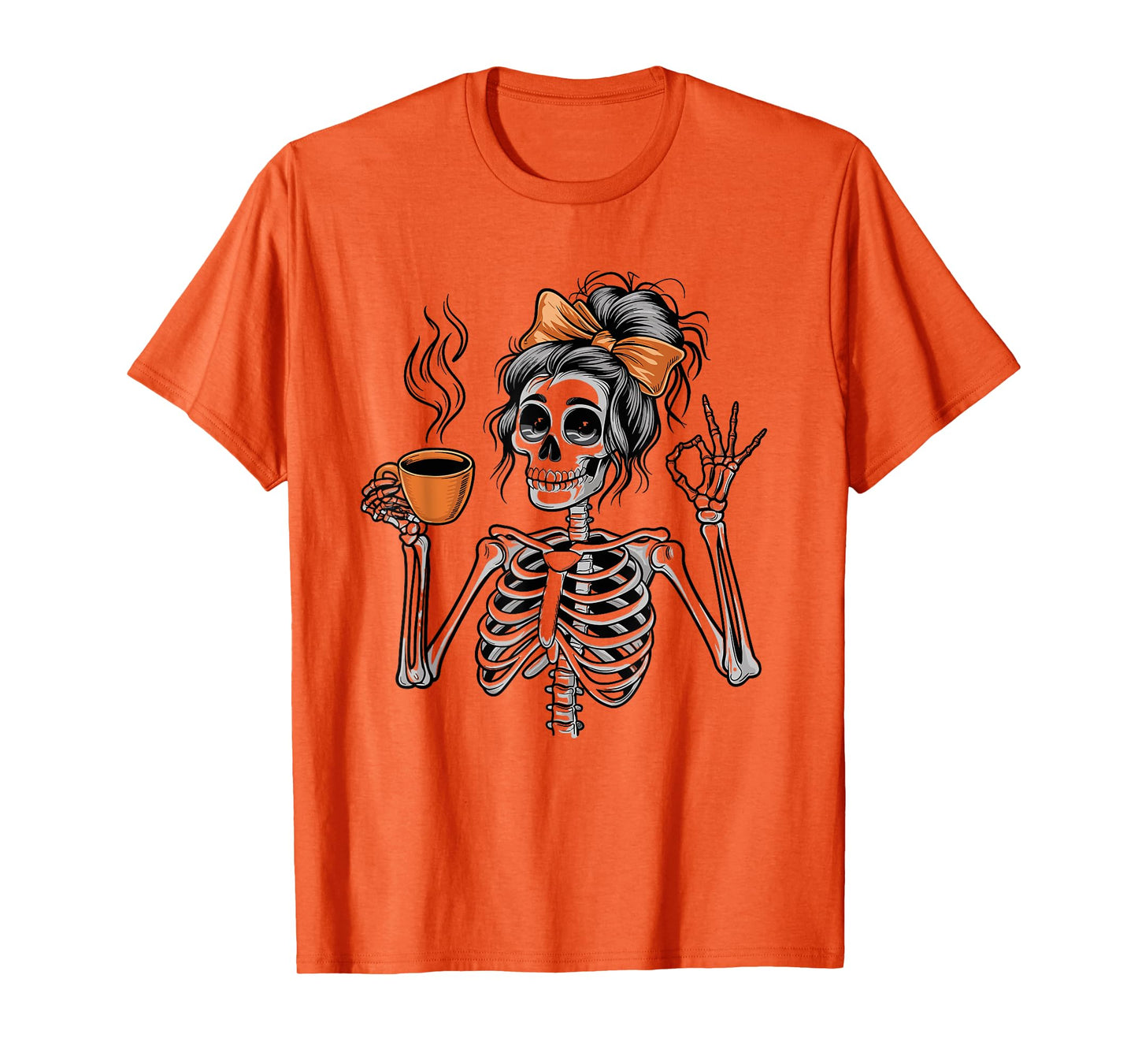 Halloween Skeleton Messy Bun Coffee Funny Costume Mom Women T-Shirt