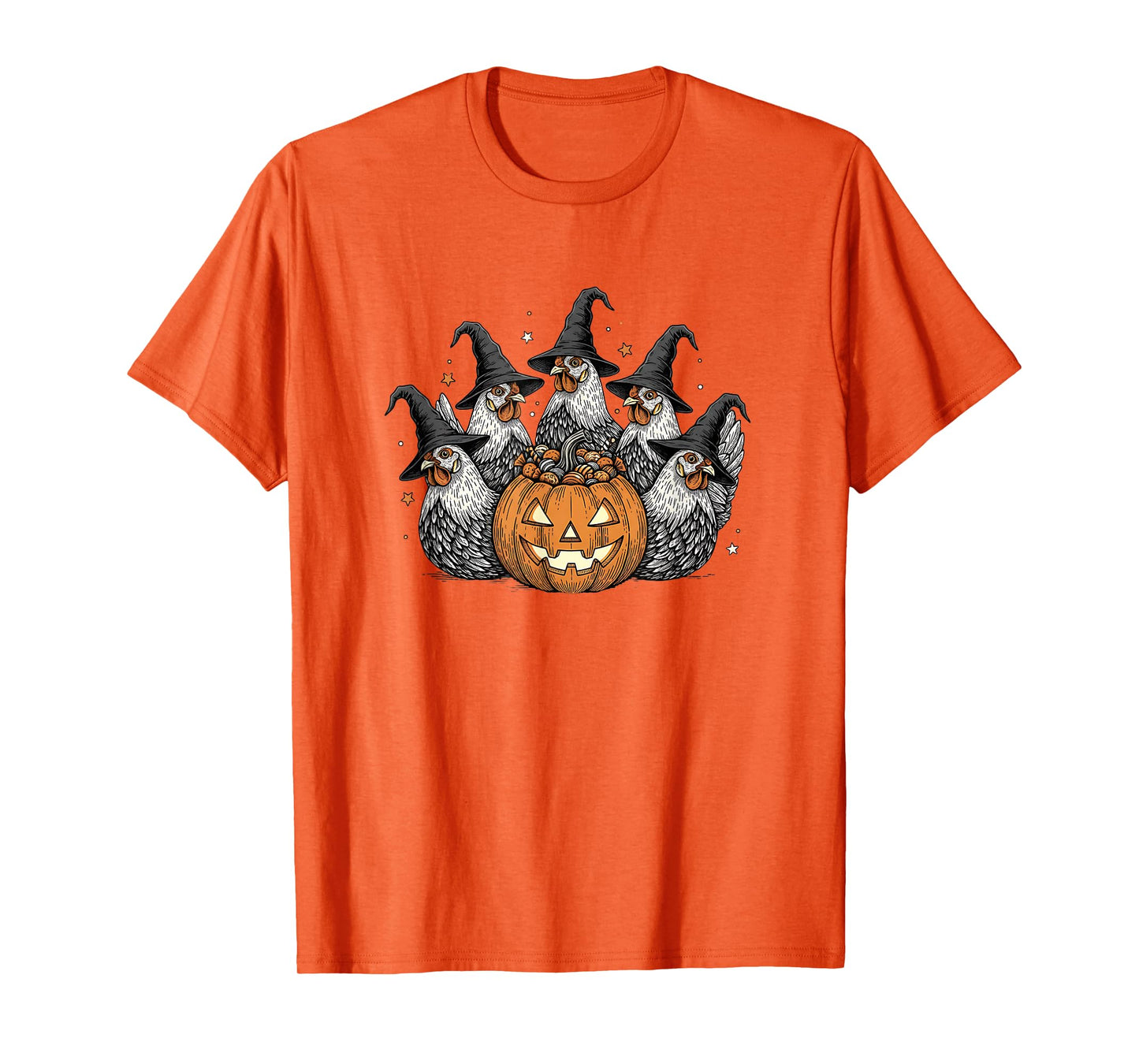 Funny Chicken Witch Halloween Farmyard Chickens with Pumpkin T-Shirt