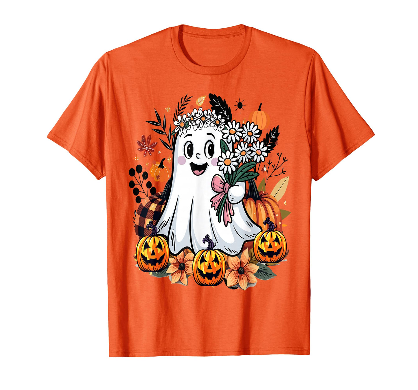 Funny Floral Ghost with Vintage Pumpkin Fall Halloween T-Shirt