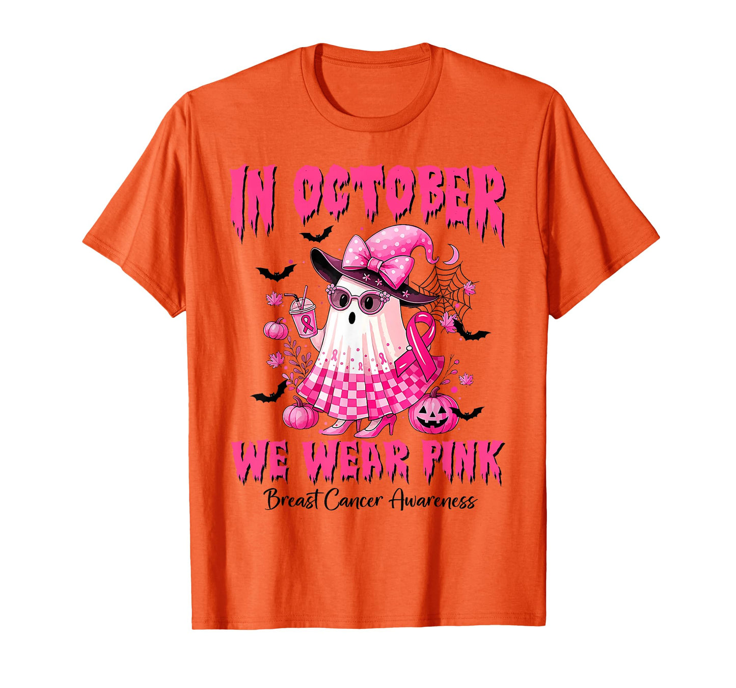 in October We Wear Pink Ghost Witch Breast Cancer Awareness T-Shirt