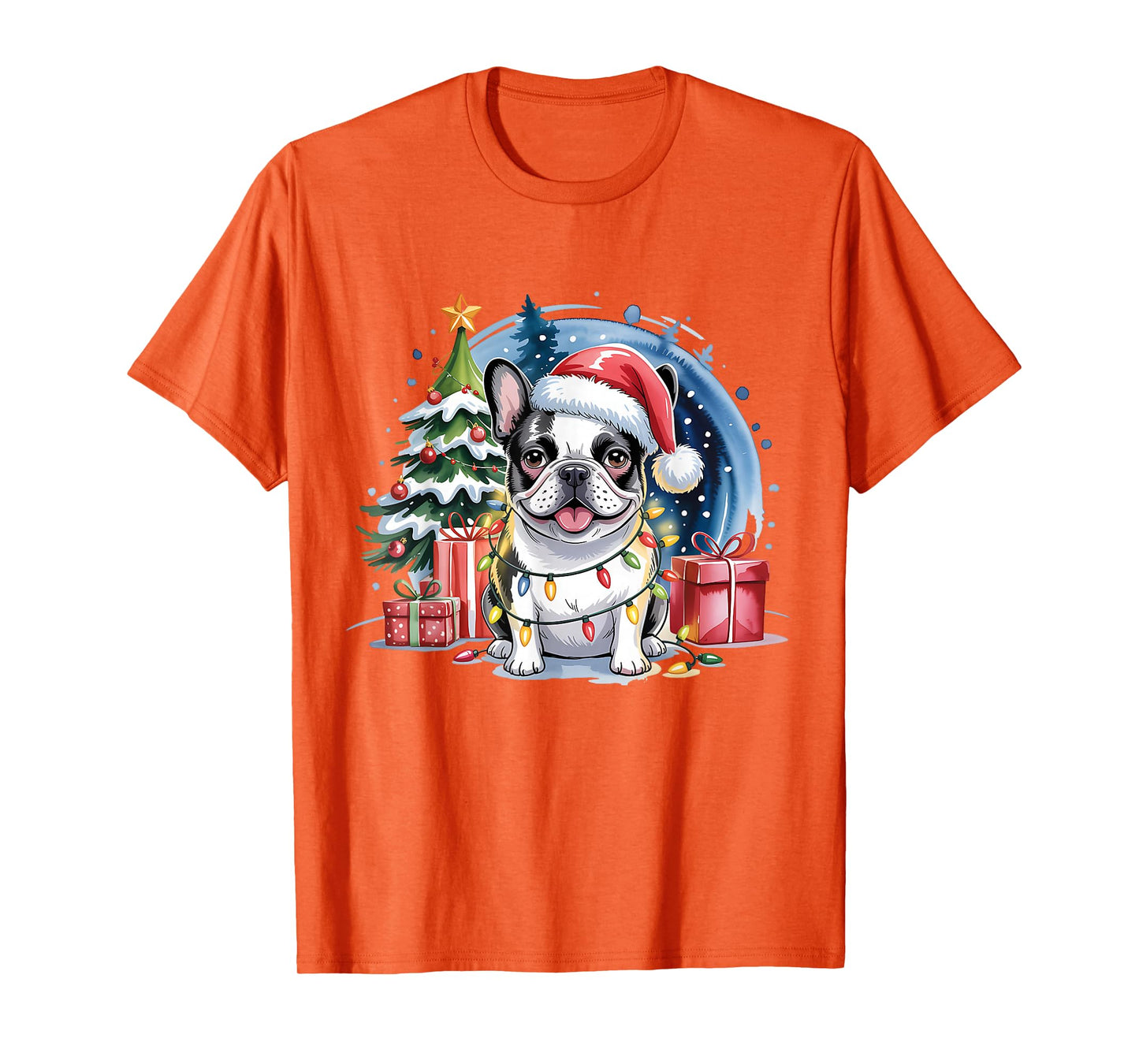 Festive French Bulldog Christmas Santa Hat and Lights T-Shirt