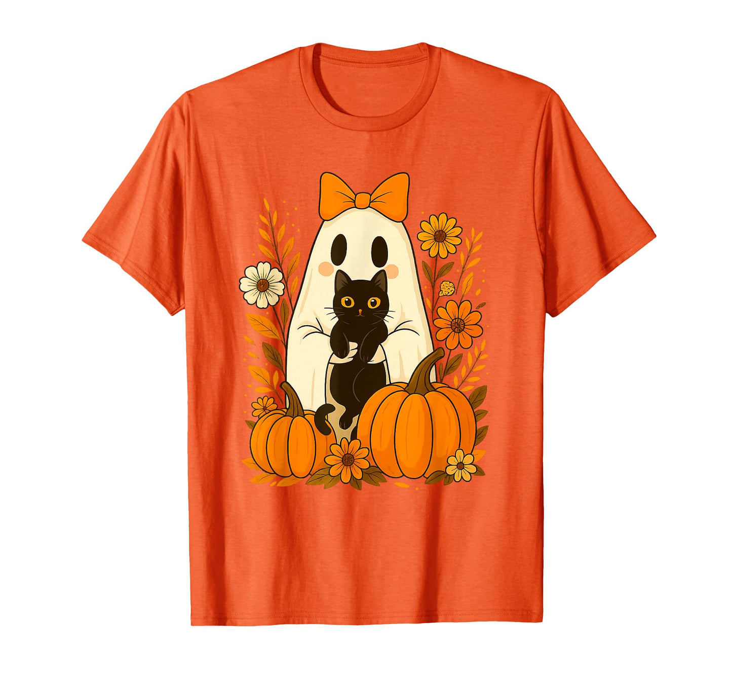 Vintage Cute Halloween Ghost Holding Cat Groovy Floral T-Shirt