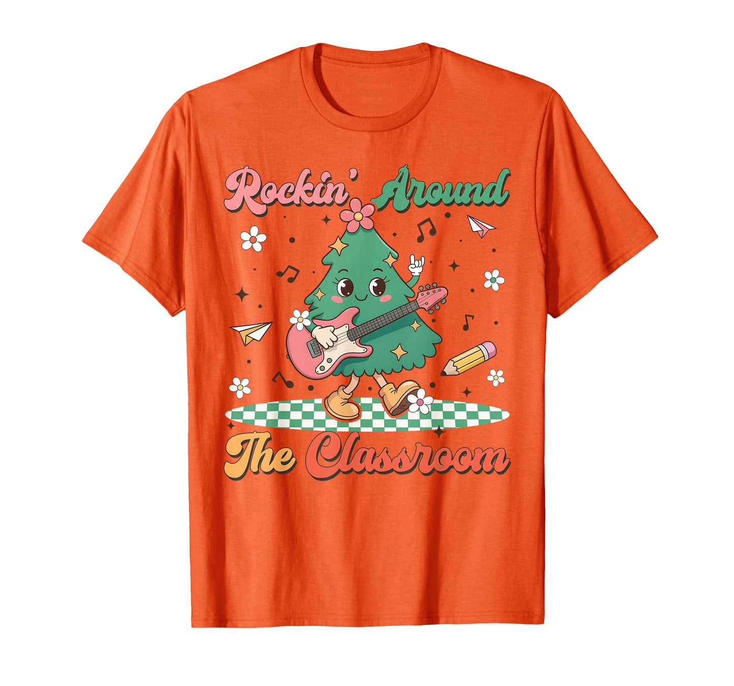 Retro Groovy Teacher Christmas Rockin' Around The Classroom T-Shirt