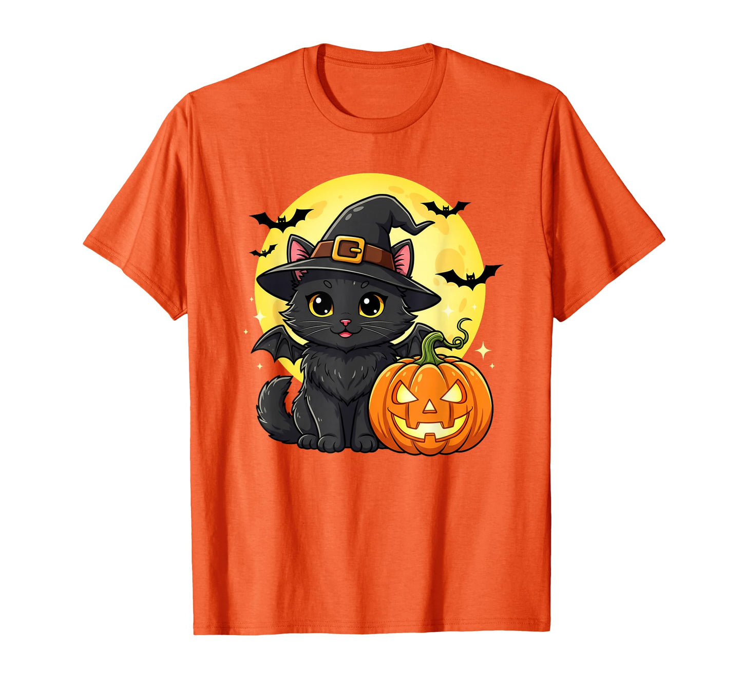 Cute cat Wearing Witch Hat with Moon and Bats Halloween Bat T-Shirt