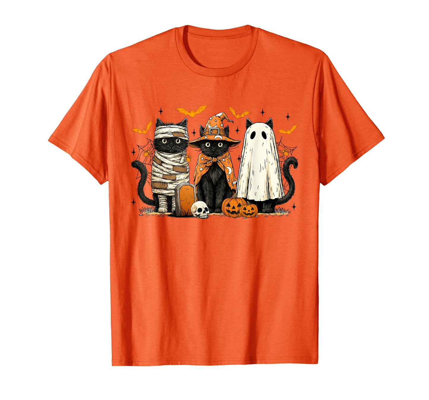 Retro Black Cat Witch Scary Halloween Pumpkin Women Men Kids T-Shirt