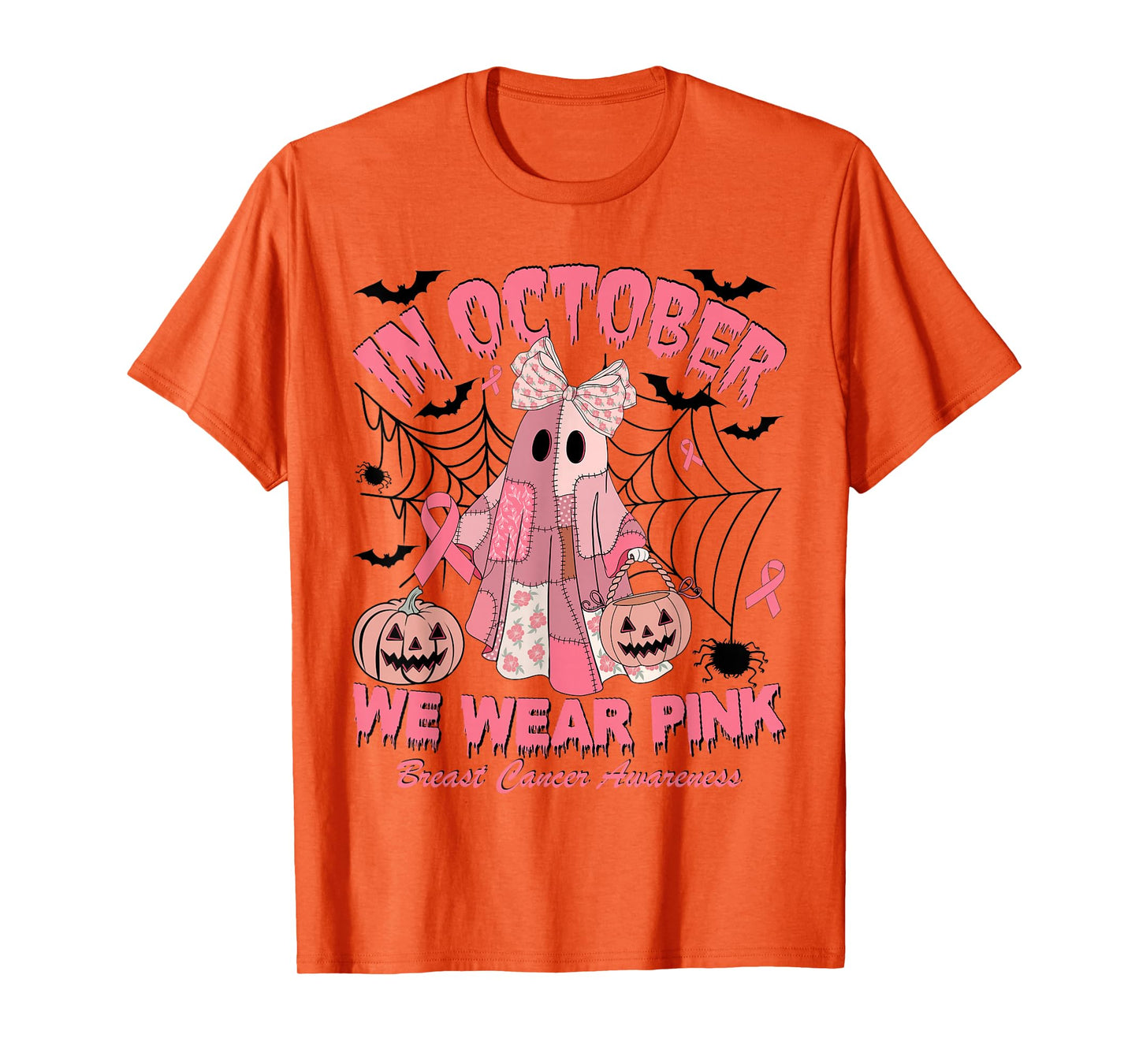 in October We Wear Pink Ghost Witch Breast Cancer Awareness T-Shirt
