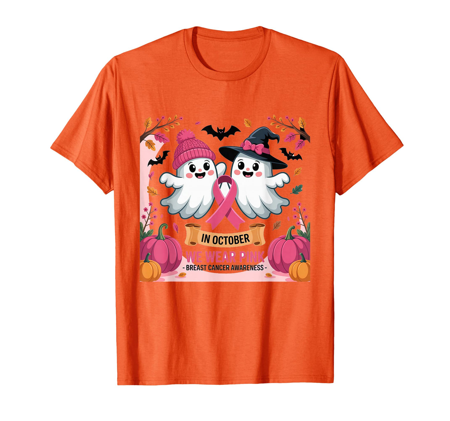 in October We Wear Pink Ghost Witch Breast Cancer Awareness T-Shirt