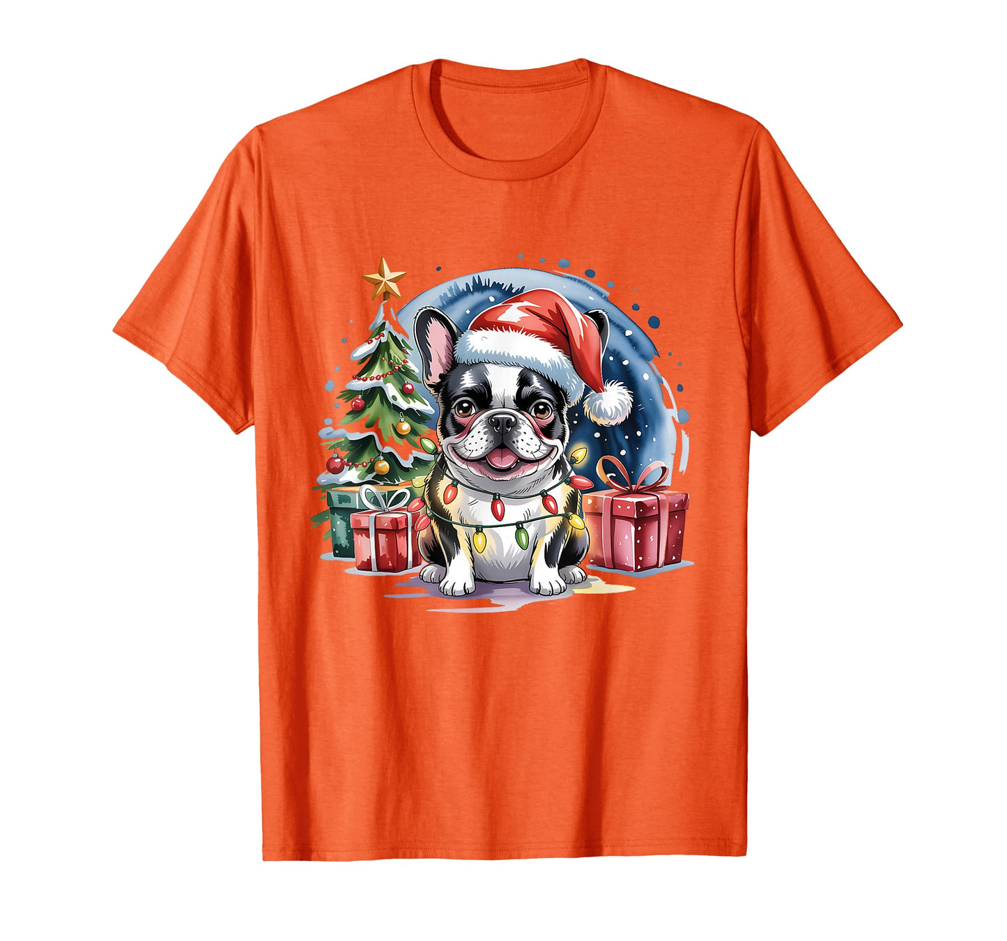 Cute Festive French Bulldog Christmas Santa Hat and Lights T-Shirt