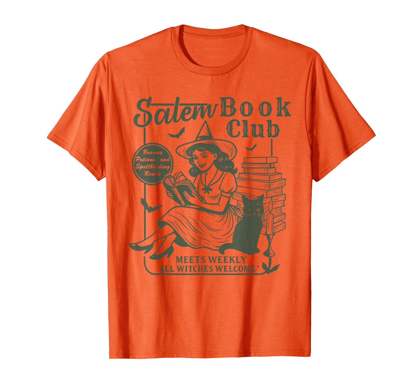Vintage Salem Book Club Witch Reading Black Cat Halloween T-Shirt