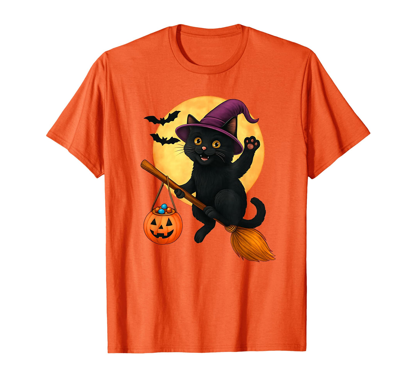 Black Cat Witch Hat Pumpkin Halloween Costume Men Women Kids T-Shirt