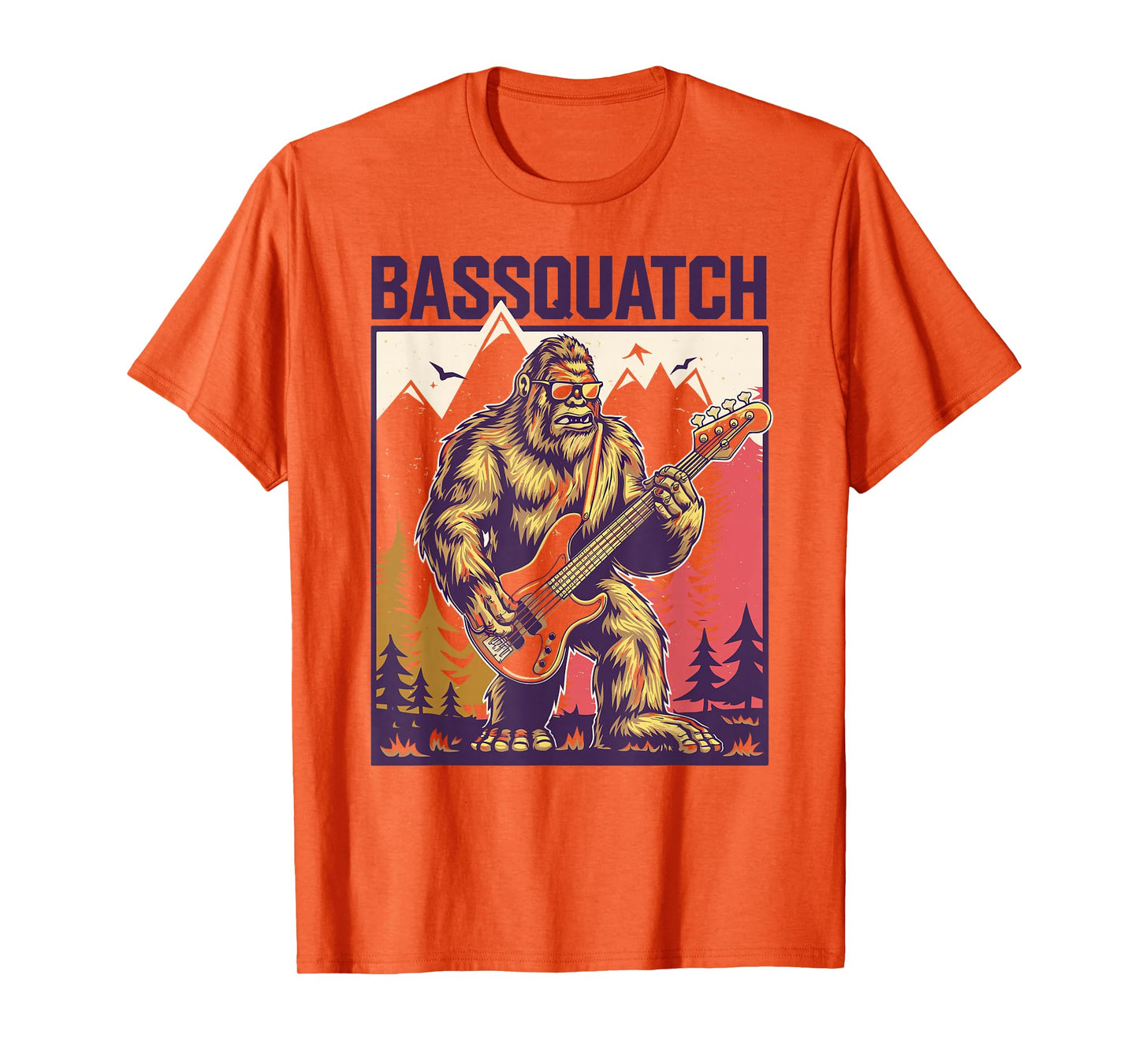 C.J.'s Cryptid Sasquatch Bigfoot Bass Guitar Gifts Bassquatch, Bigfoot Bass Guitar Sasquatch Adult Men's Yellow Cartoon Bigfoot Themed T-Shirt