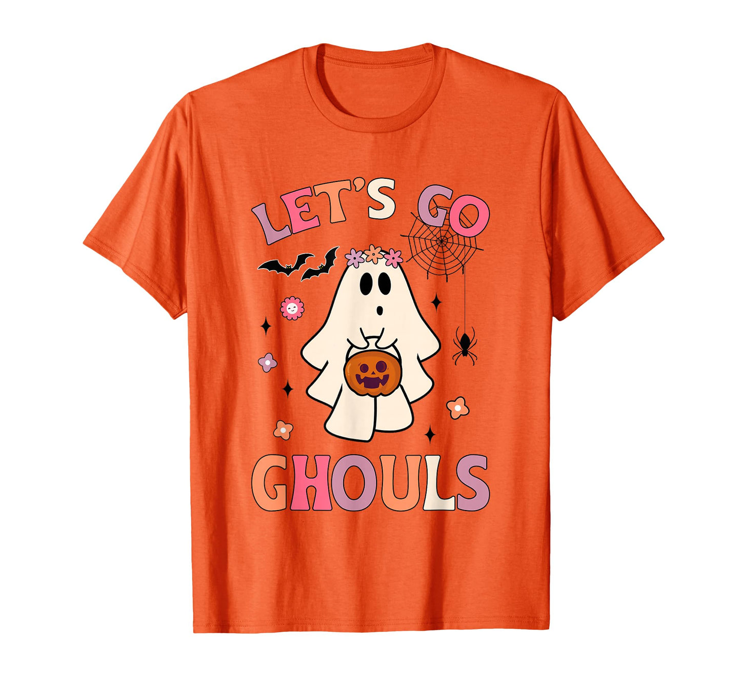 Halloween Ghost Holding Pumpkin Let's Go Ghouls Retro Groovy T-Shirt