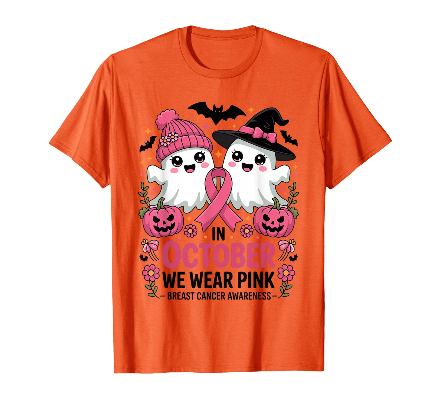 in October We Wear Pink Ghost Witch Breast Cancer Awareness T-Shirt