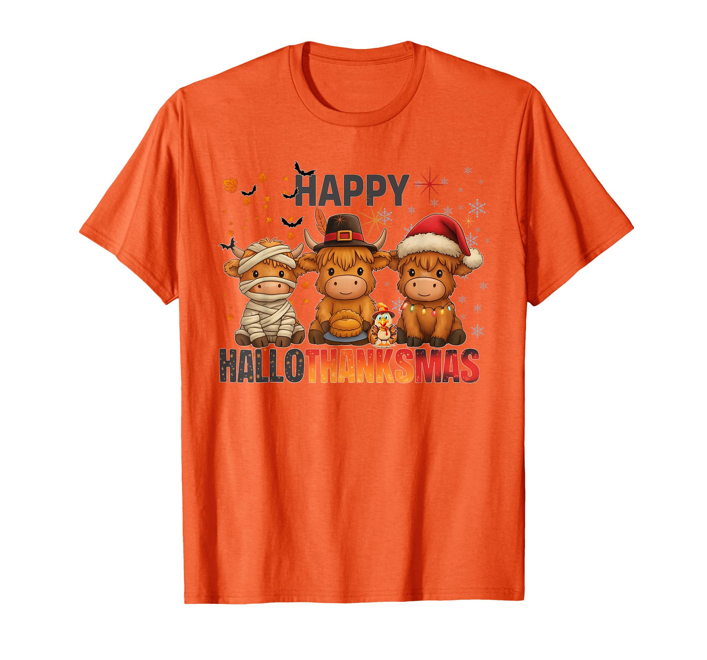 Happy Hallothanksmas Highland Cow Halloween Merry Christmas T-Shirt