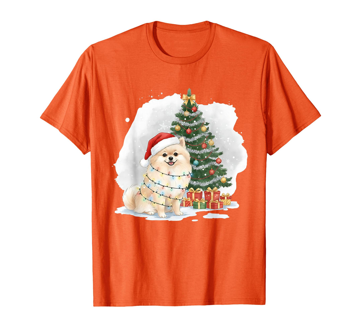 Cute Santa Pomeranian Dog Tangled in Christmas Lights Winter T-Shirt