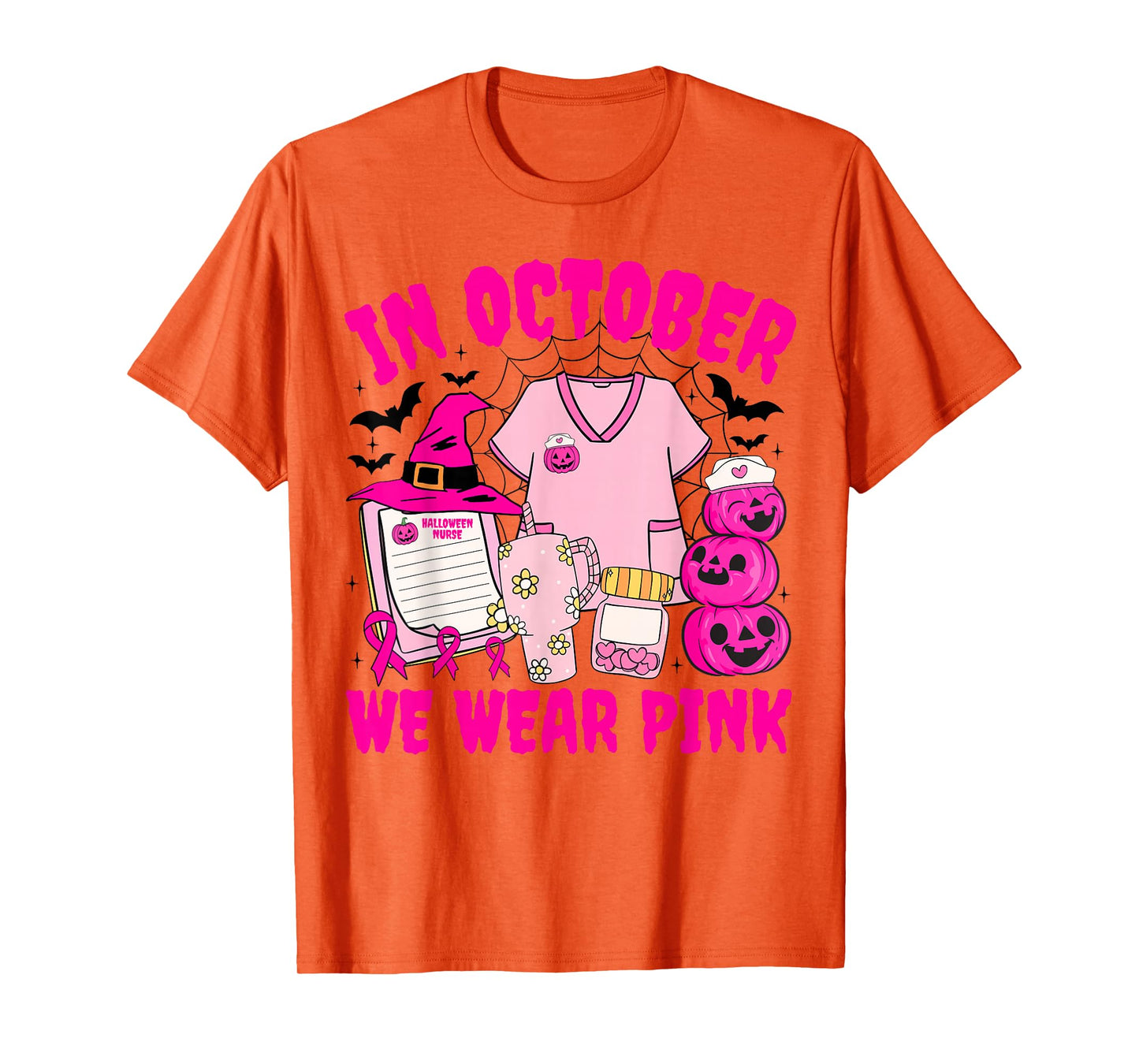 We Wear Pink in October Breast Cancer Nurse Pumpkin Witch T-Shirt