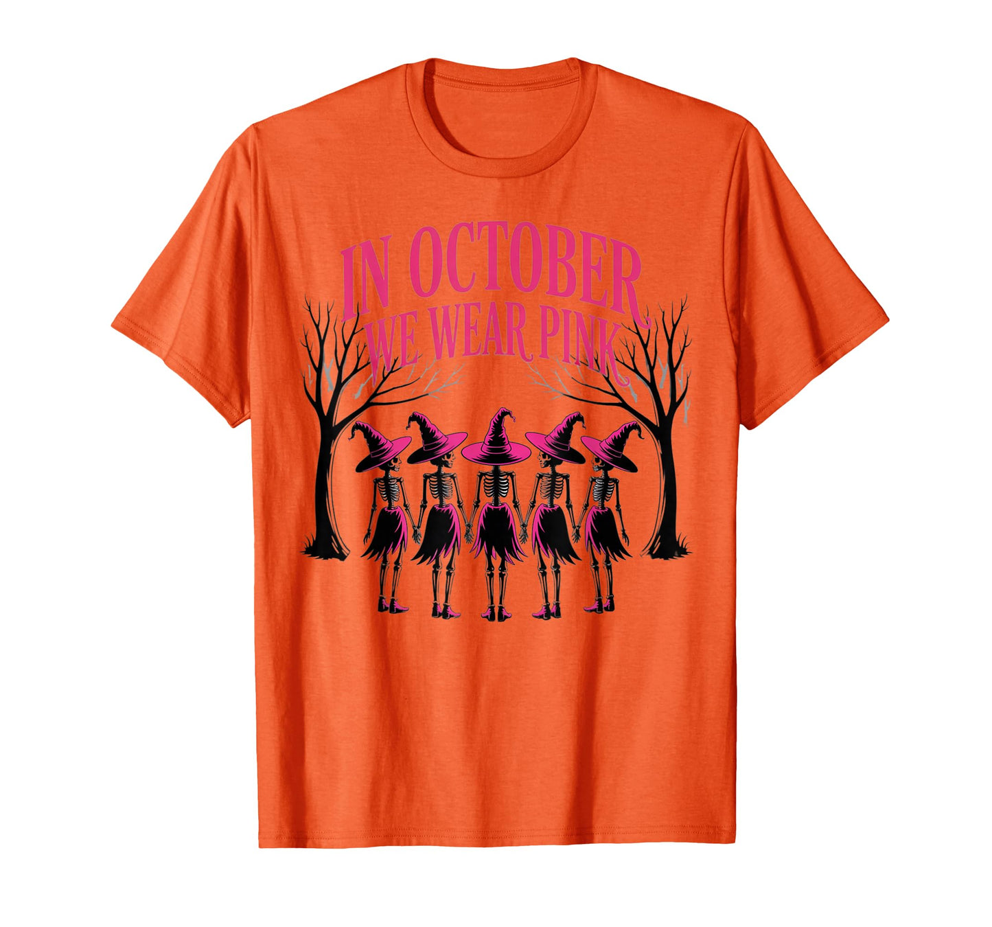 in October We Wear Pink Witch Skeleton Breast Cancer Squad T-Shirt