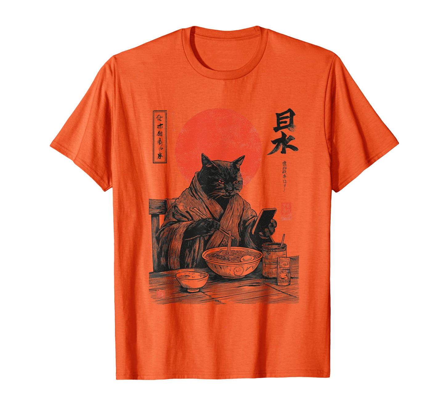 Samurai Cat Eat Ramen Scroll Phone Japanese Food Humor Art T-Shirt
