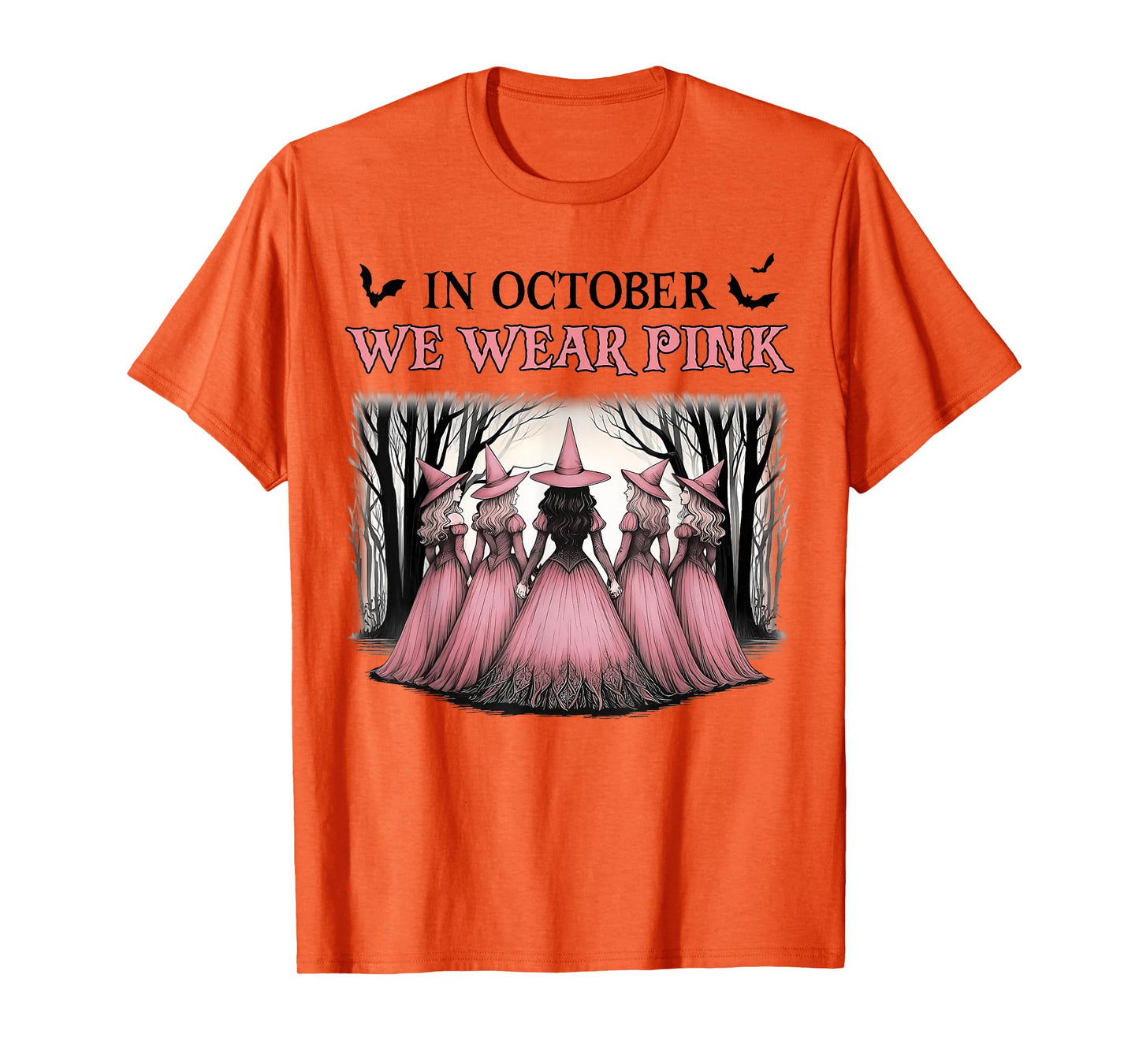 in October We Wear Pink Witch Halloween Breast Cancer Women T-Shirt