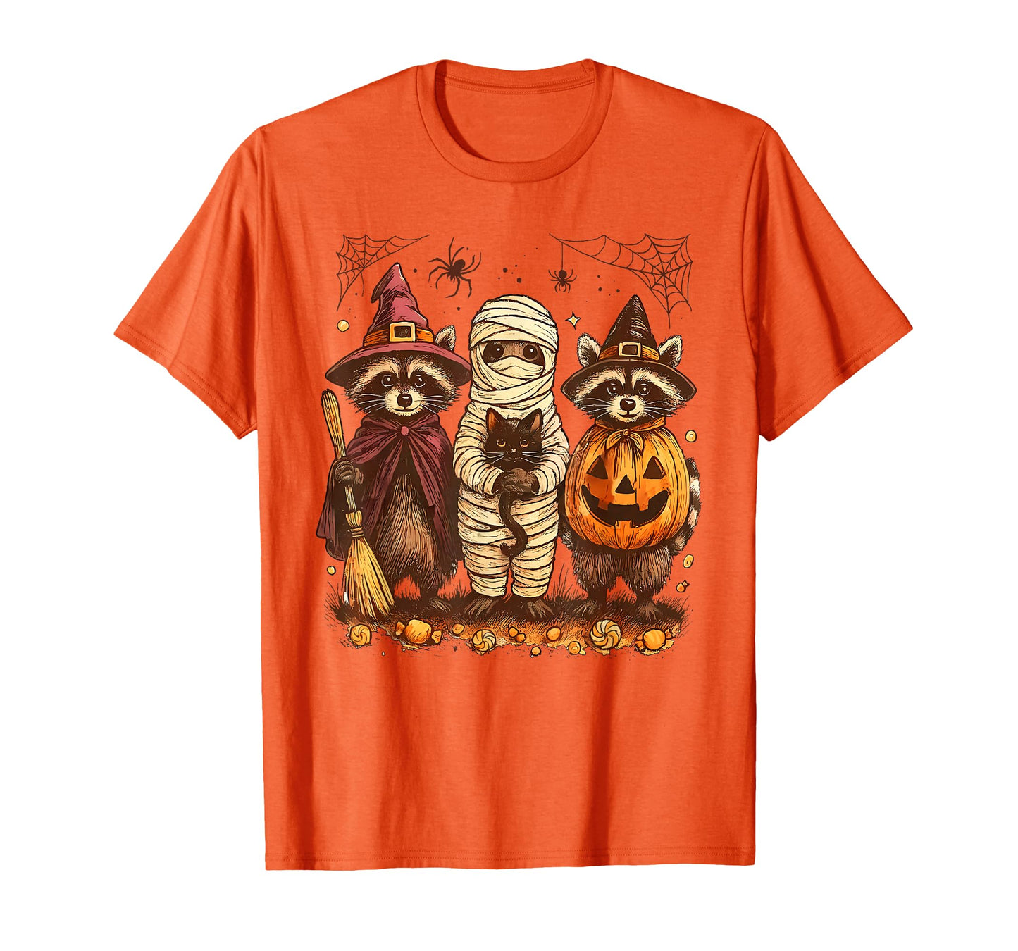 Retro Racoon Witch Scary Halloween Pumpkin Women Men Kids T-Shirt