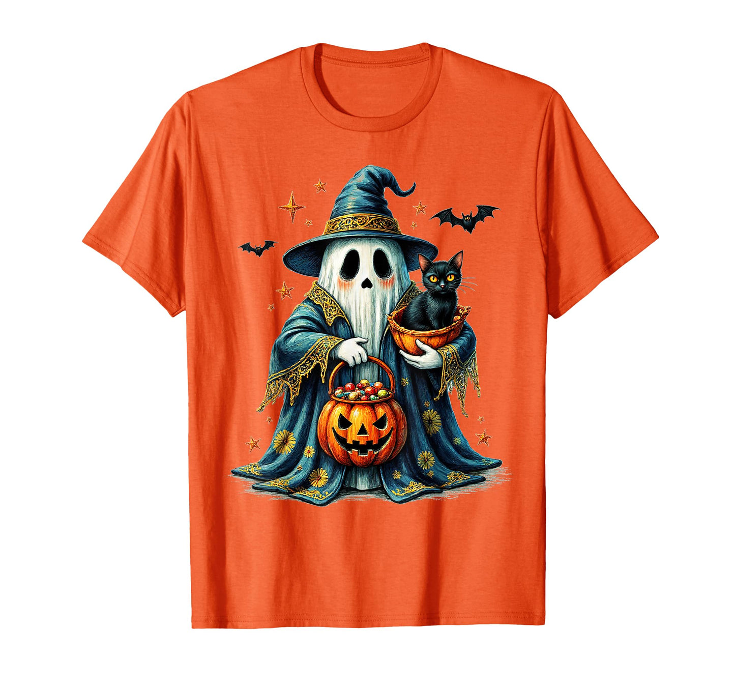 Ghost Holding Black Cat Lover Halloween 2025 Groovy Floral T-Shirt