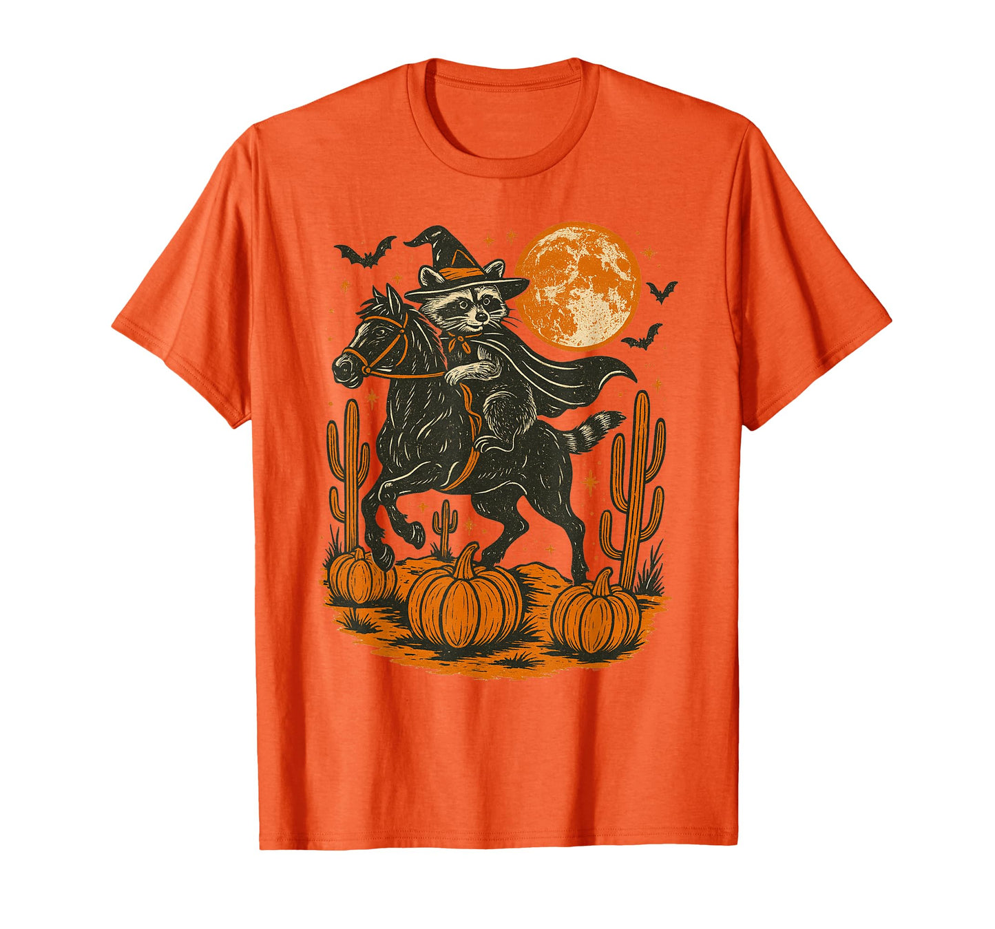 Witch Raccoon Riding Horse Halloween Pumpkin Moon Western T-Shirt