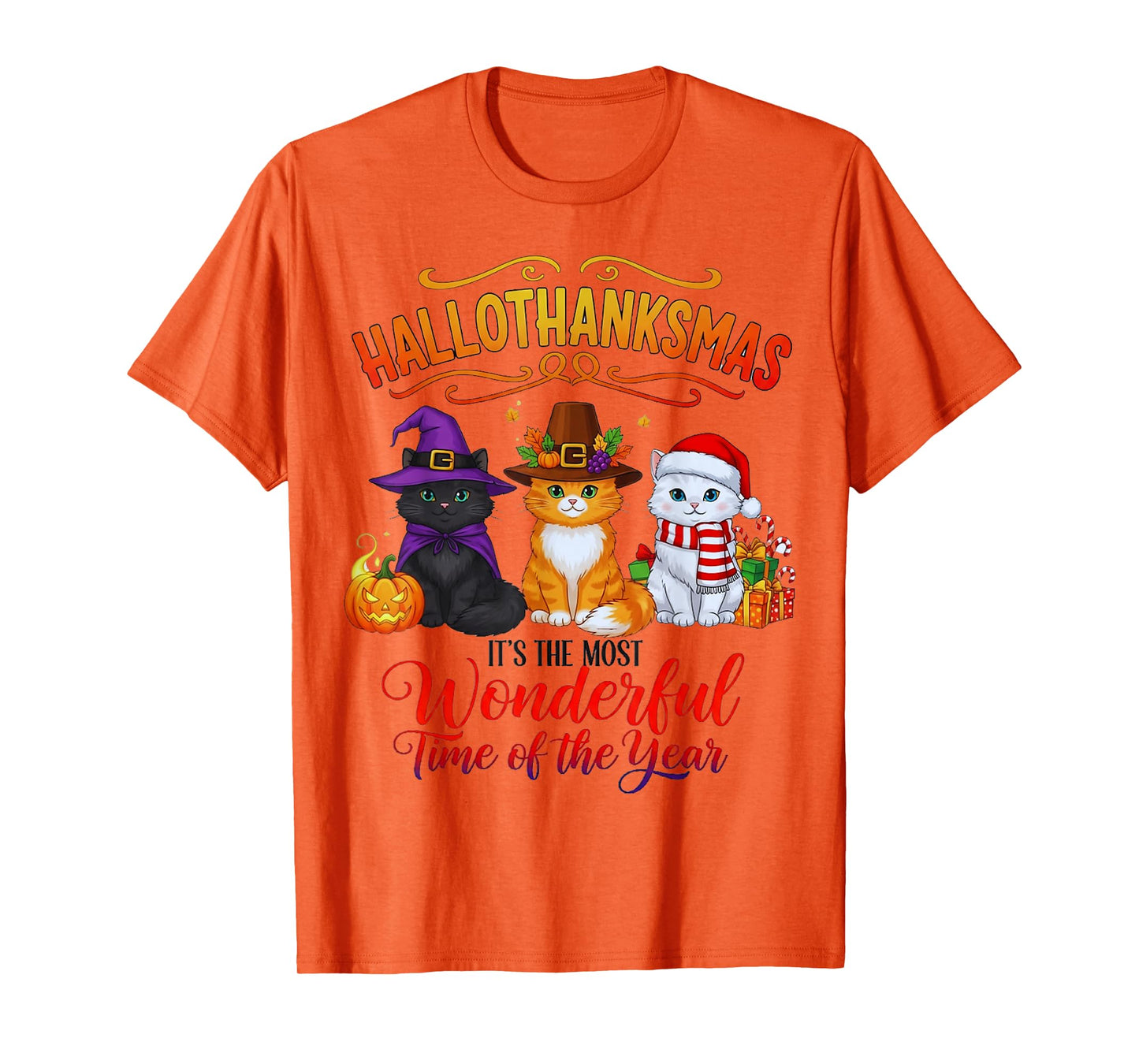 Hallothanksmas Cats Funny Holiday Halloween Xmas Tee T-Shirt