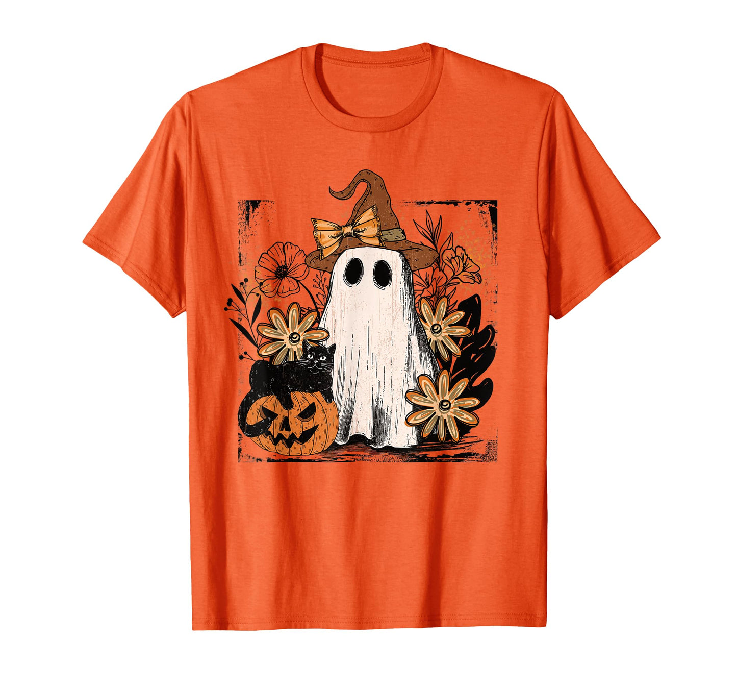 Cute Ghost Witch Cat Pumpkin Halloween Fall Floral Aesthetic T-Shirt