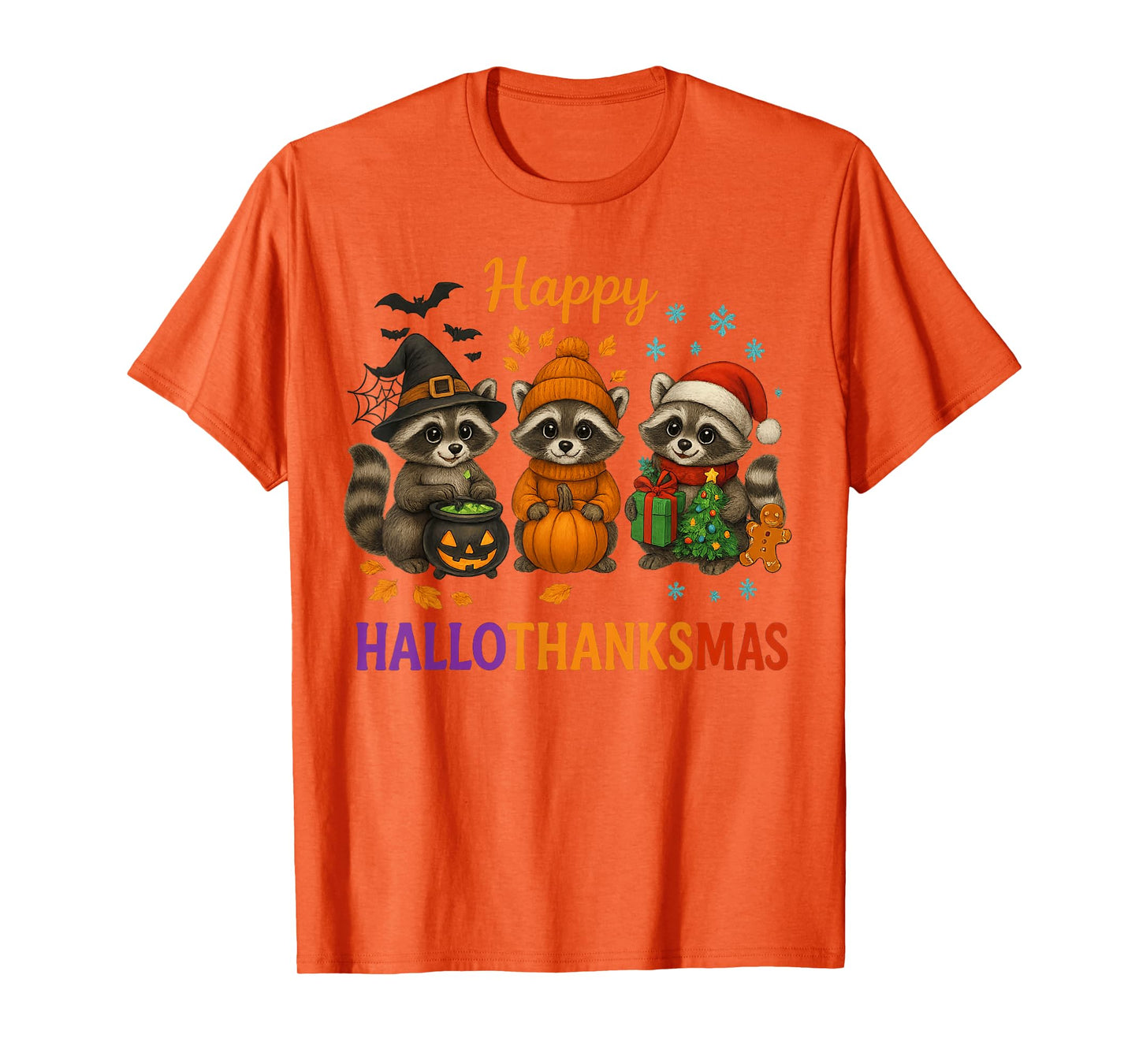 Happy Hallothanksmas Raccoon Halloween Christmas Thanksgivin T-Shirt