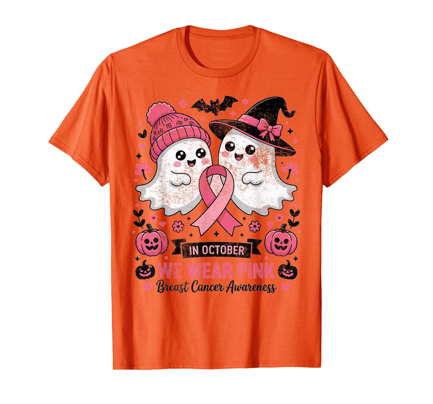 in October We Wear Pink Ghost Witch Breast Cancer Awareness T-Shirt
