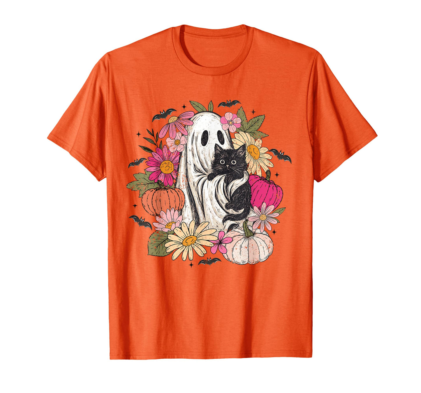 Vintage Halloween Ghost Holding Black Cat Groovy Floral T-Shirt