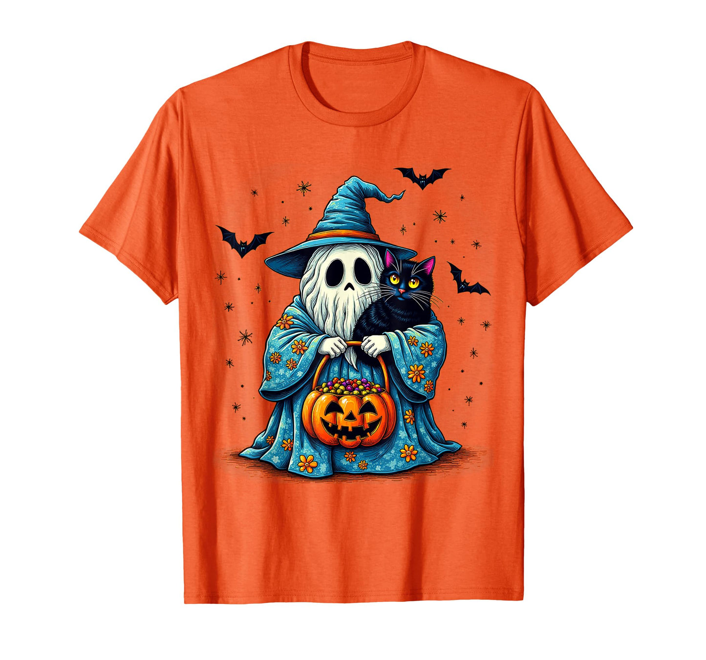 Halloween 2025 Ghost Holding Black Cat Groovy Floral Vintage T-Shirt