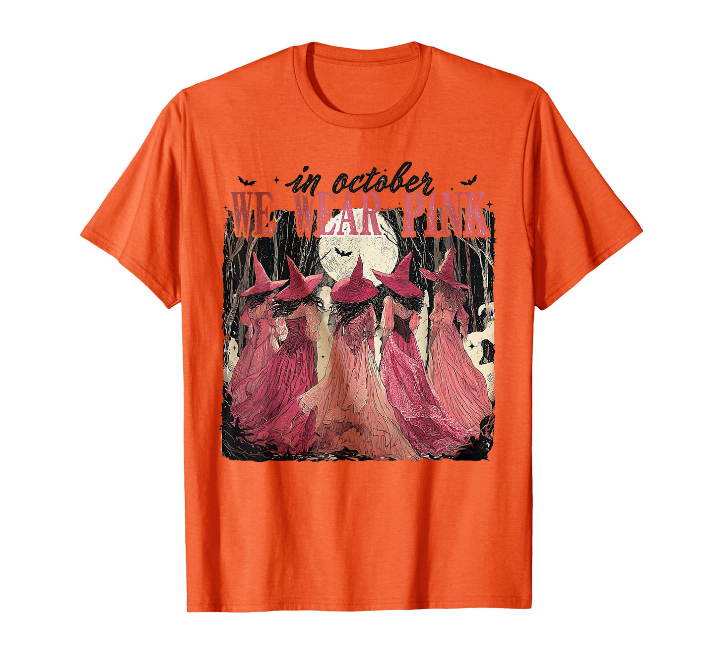 in October We Wear Pink Witch Halloween Breast Cancer Women T-Shirt