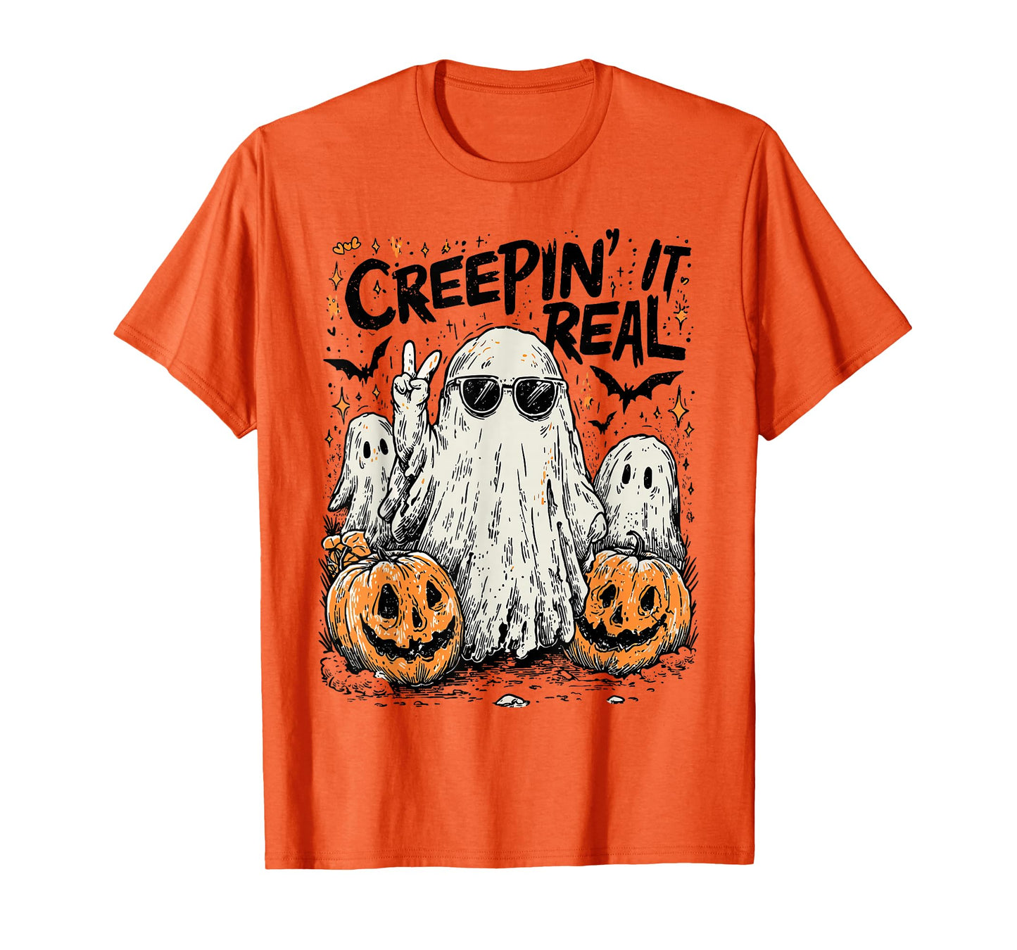 Retro Creepin' It Real Halloween Ghost Pumpkin Spooky Season T-Shirt